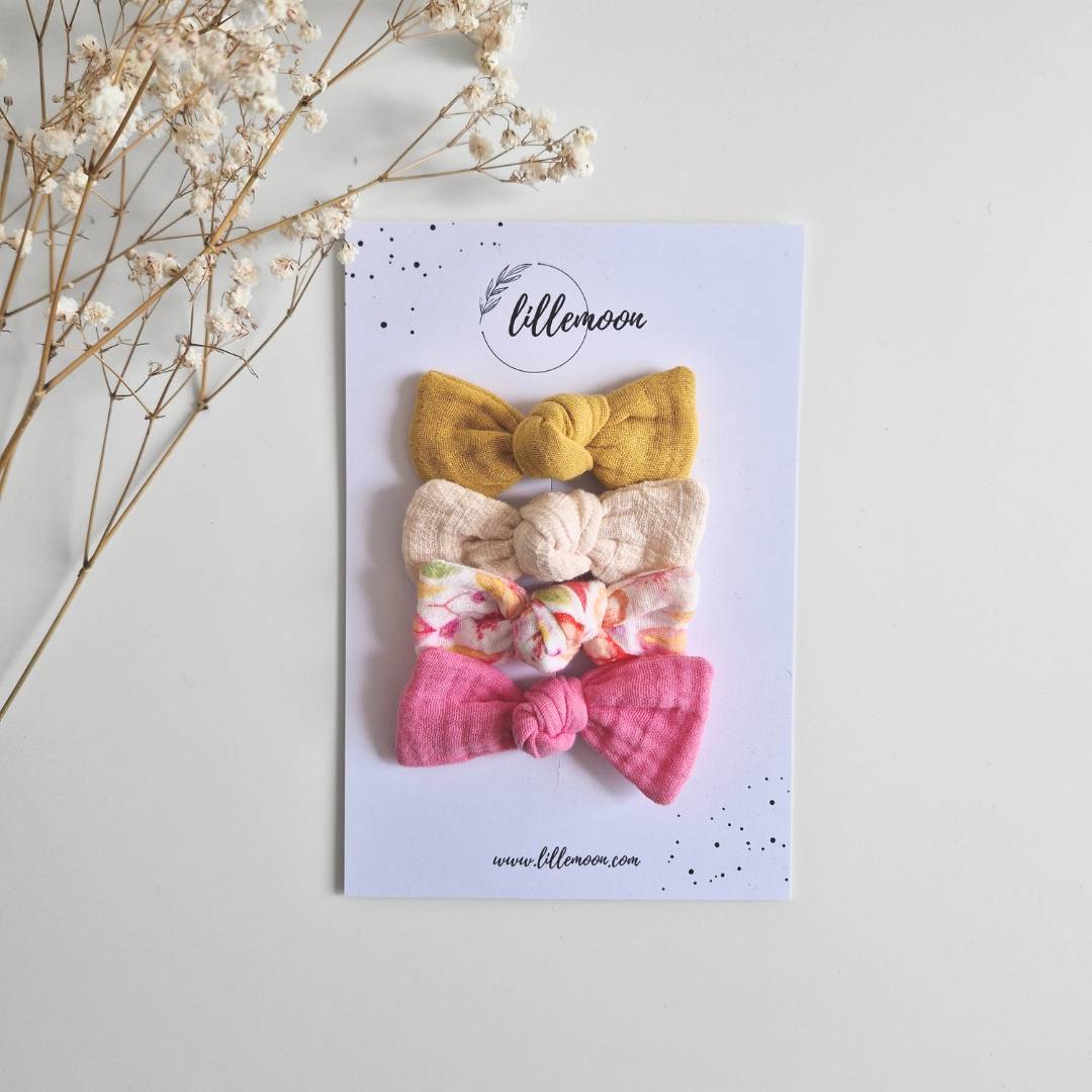 Muslina matu sprādzīšu komplekts meitenēm – 4 mini bantītes I saules prieks I -50%