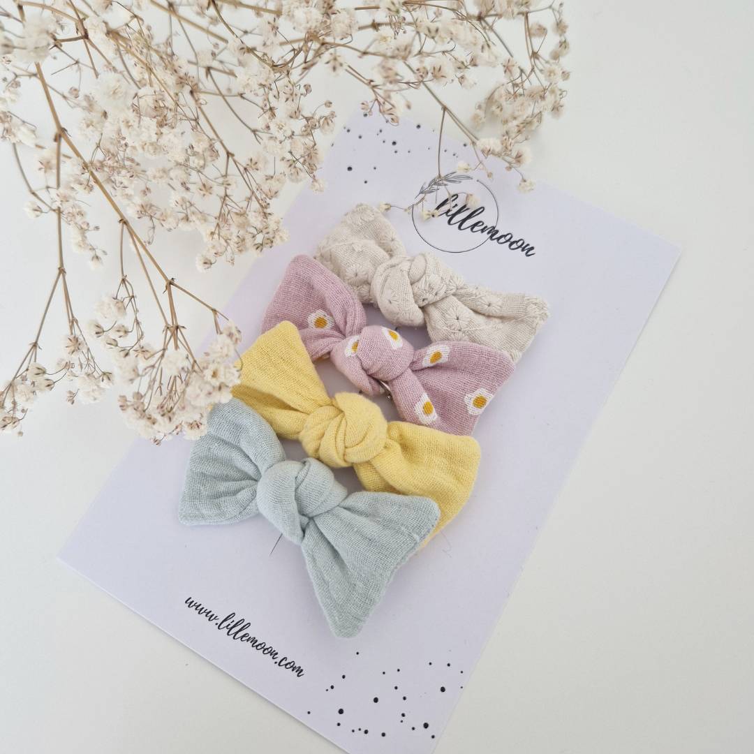 Muslina matu sprādzīšu komplekts meitenēm – 4 mini bantītes I maigie zefīriņi