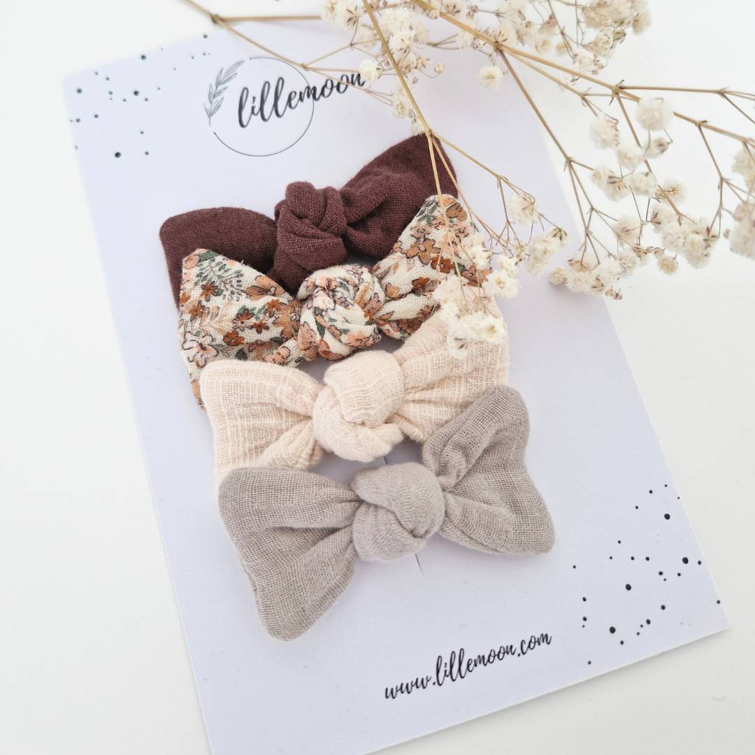 Muslina matu sprādzīšu komplekts meitenēm – 4 mini bantītes I ziedošā daba