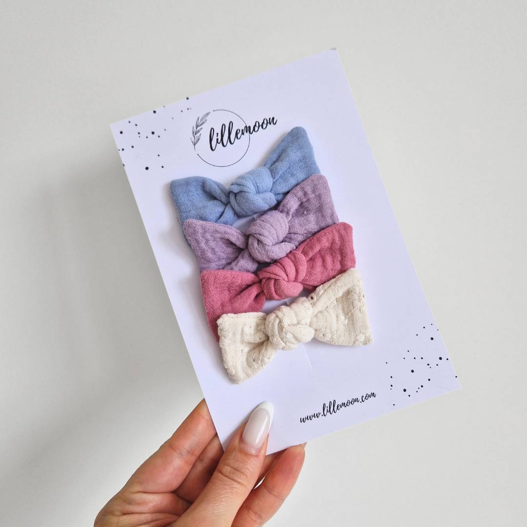 Muslina matu sprādzīšu komplekts meitenēm – 4 mini bantītes I rozā debesis I -50%