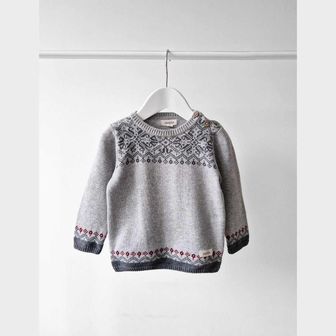 Pre-Loved Kids Knit Džemperis – Pelēks ar rakstiņu | 80 izm.