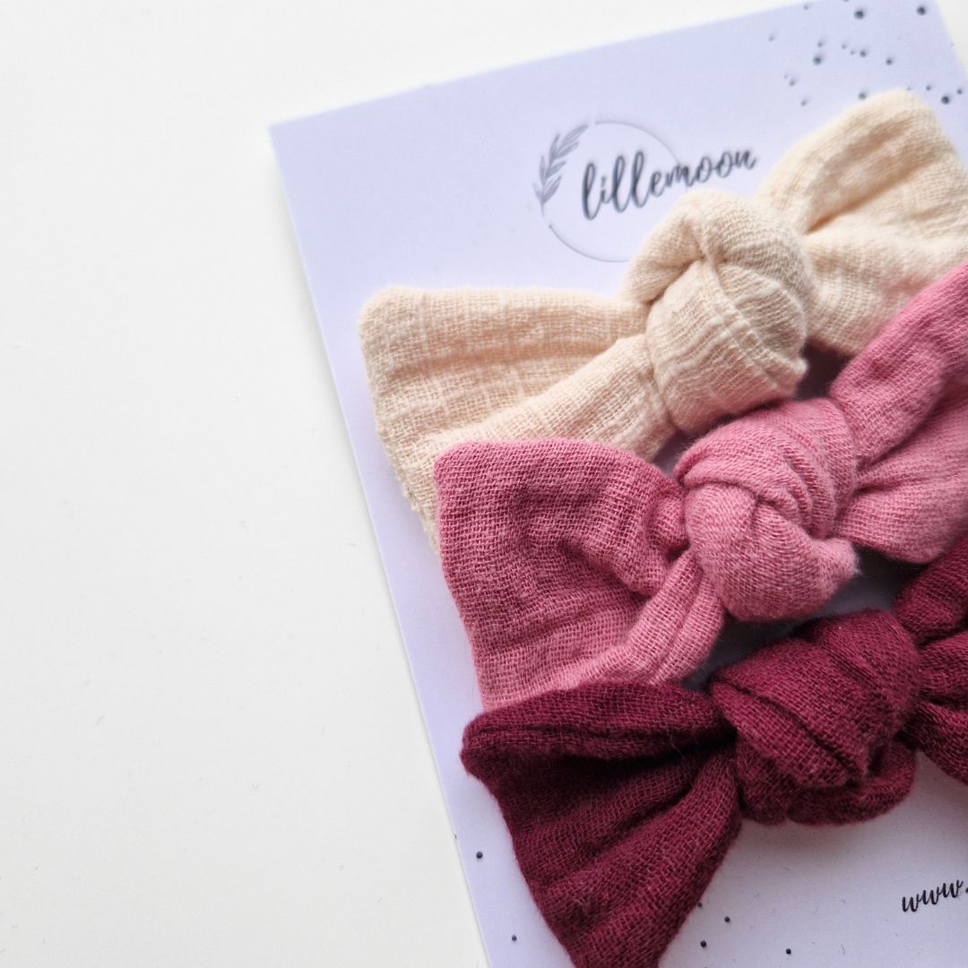 Muslina matu sprādzīšu komplekts meitenēm – 3 maigas bantītes