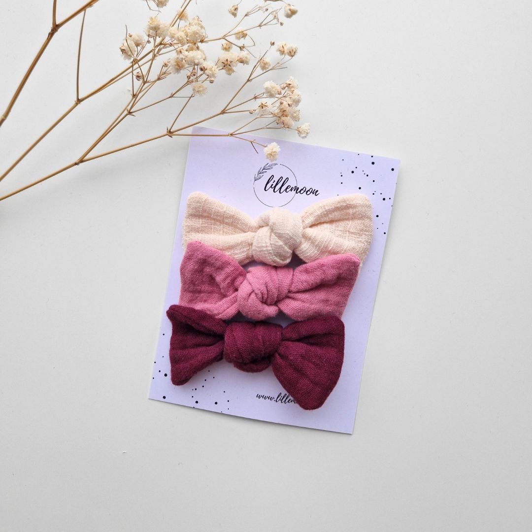 Muslina matu sprādzīšu komplekts meitenēm – 3 maigas bantītes