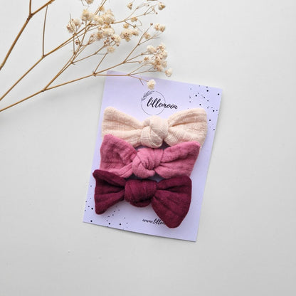 Muslina matu sprādzīšu komplekts meitenēm – 3 maigas bantītes