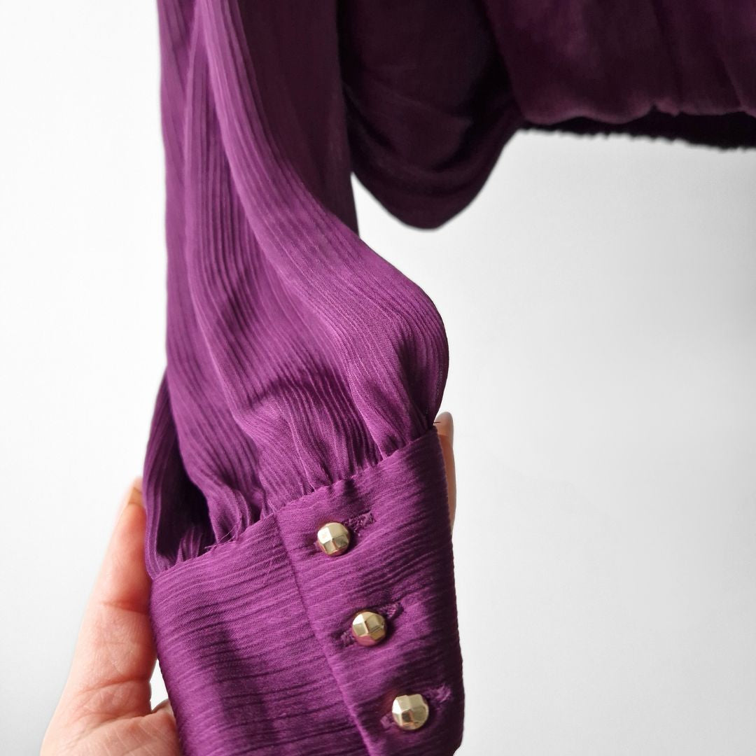 Pre-Loved ZARA lillā drapētā blūze ar elastīgu mugurpusi — M izm.