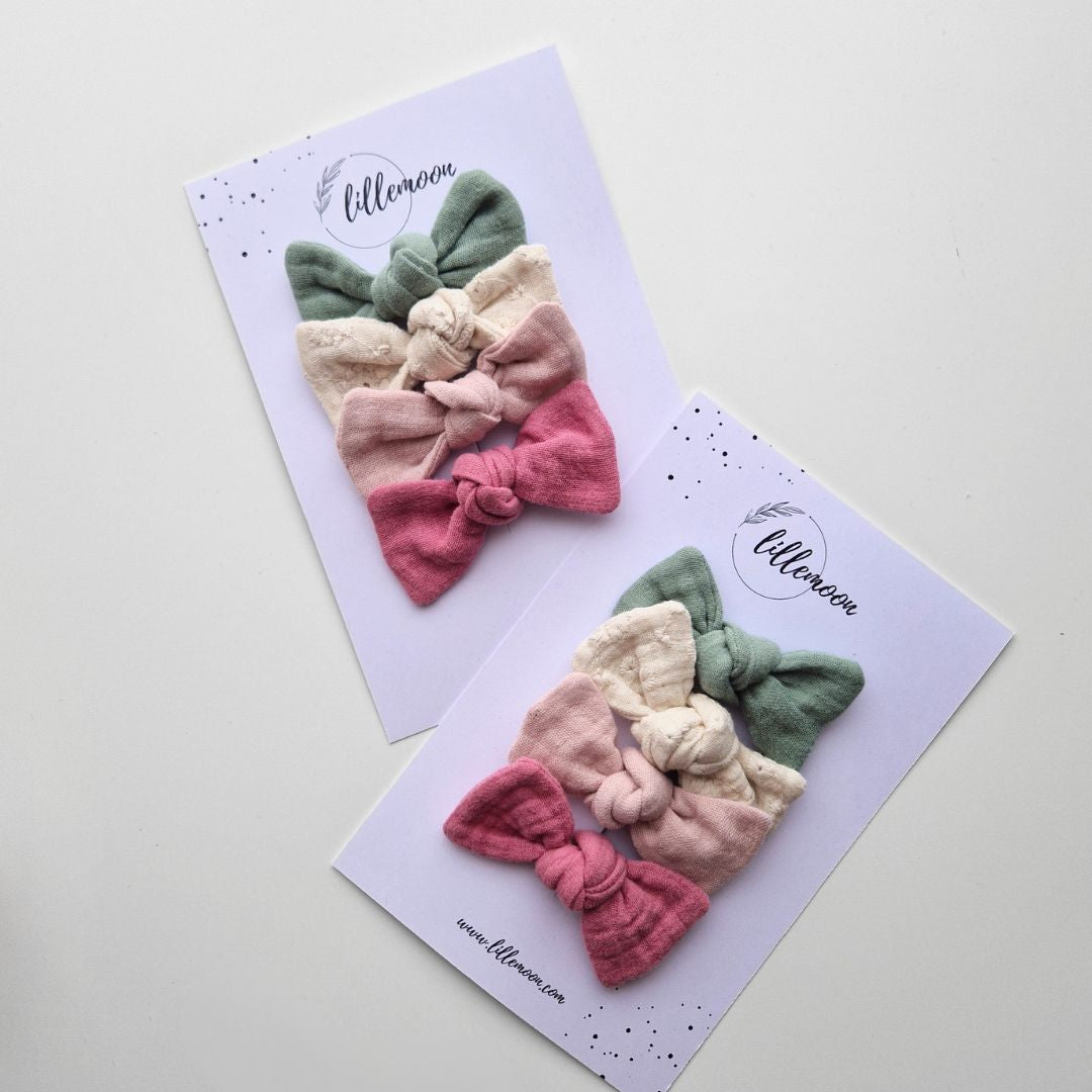 Muslina matu sprādzīšu komplekts meitenēm – 4 pasteļtoņu bantītes