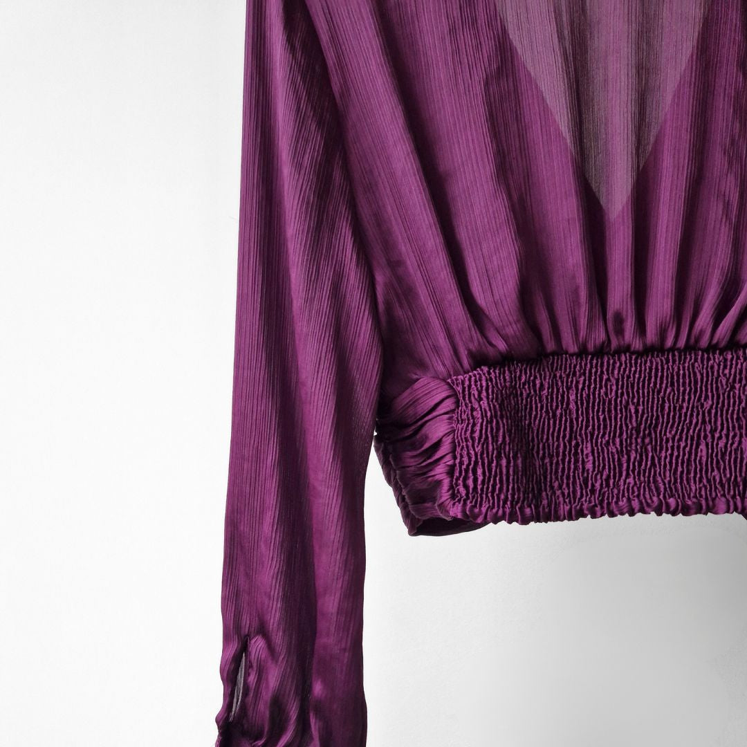 Pre-Loved ZARA lillā drapētā blūze ar elastīgu mugurpusi — M izm.