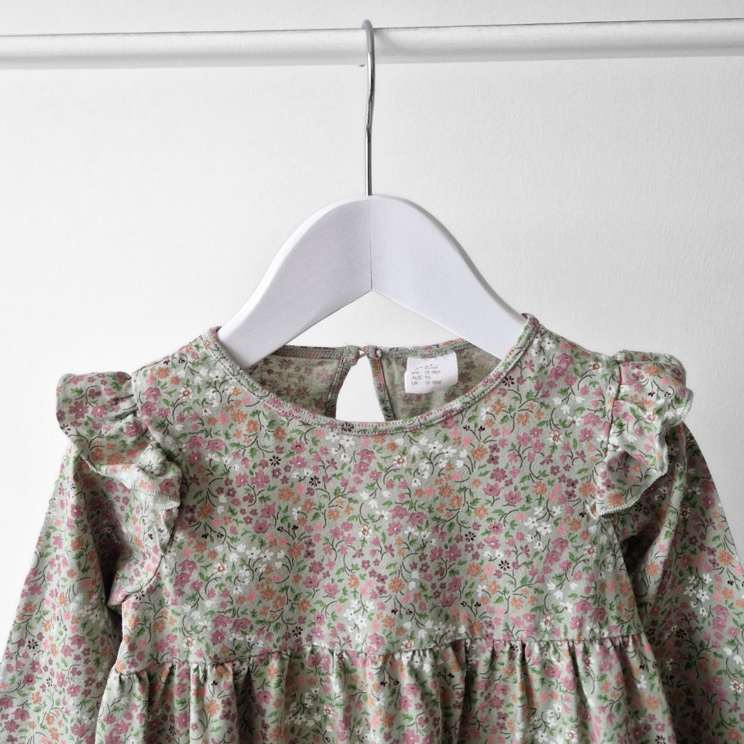 Pre-Loved Kids Kokvilnas Kleitiņa – Zaļa ar ziediem | 86 izm.