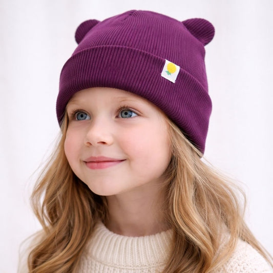 Rievotās trikotāžas cepure ar austiņām - upeņu lillā